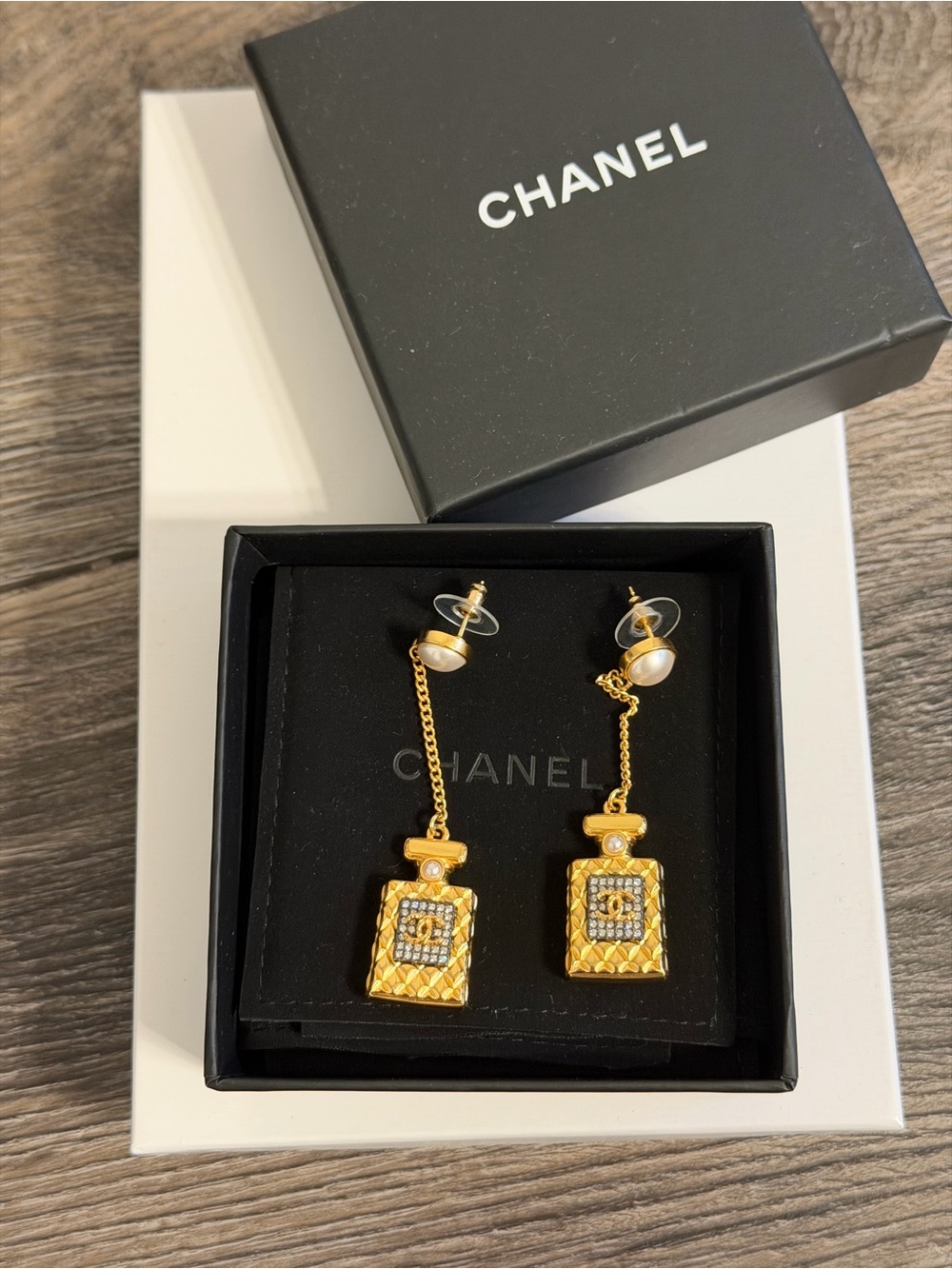 Chanel Crystal Pearl CC Perfume Bottle Chain Drop Gold Earrings